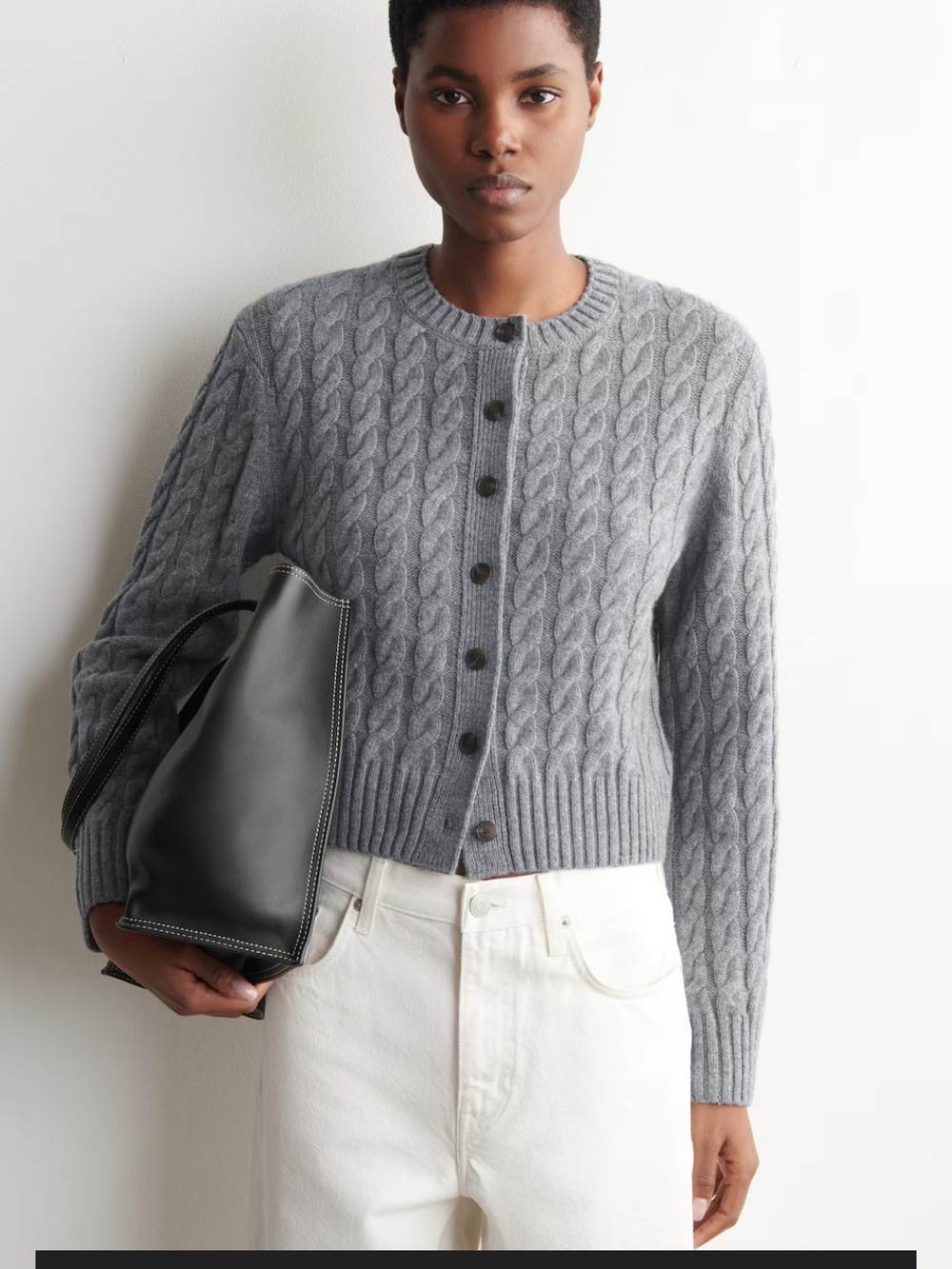 NEW Cos Cable-Knit Merino Wool Cardigan, Gray, XS